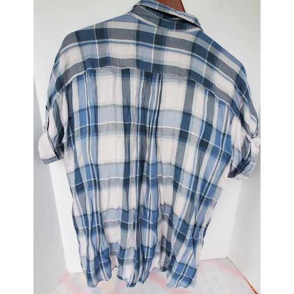 COMO VINTAGE Womens 2X Plaid Print Knot Front Button Up Short Sleeve Top Blue - Picture 6 of 9
